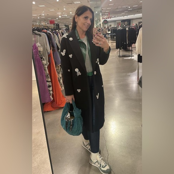 Faux Wool One Button Rhinestone Embellished Coat - Picture 16 of 16